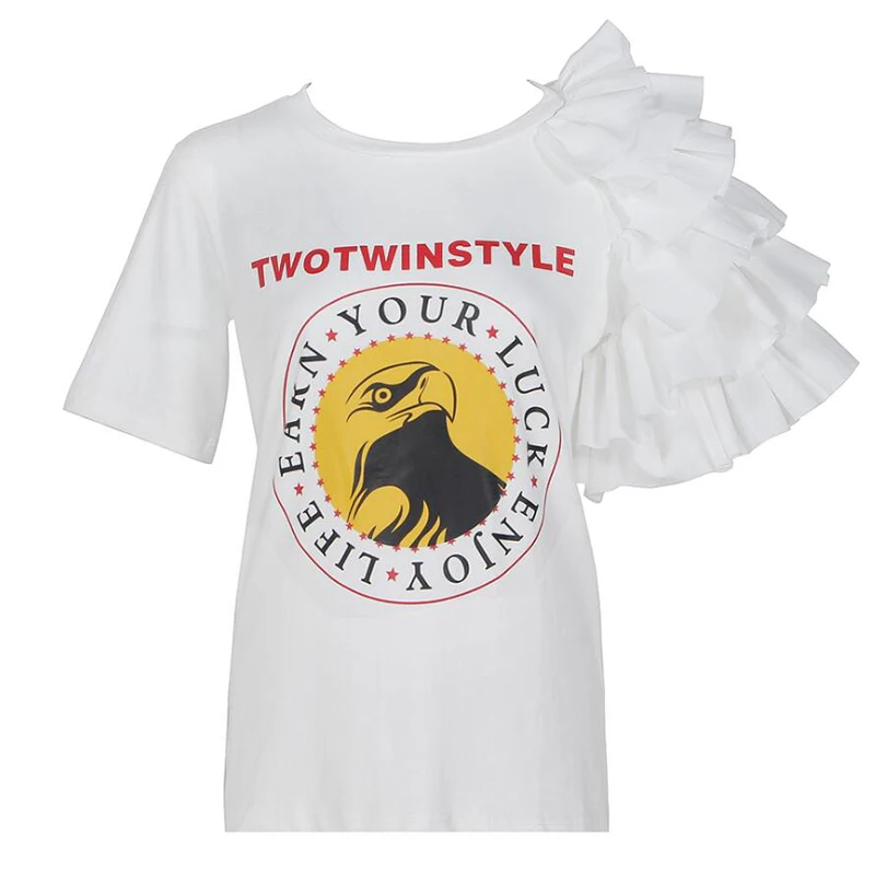 Женская футболка с оборками TWOTWINSTYLE Повседневная круглым вырезом и коротким