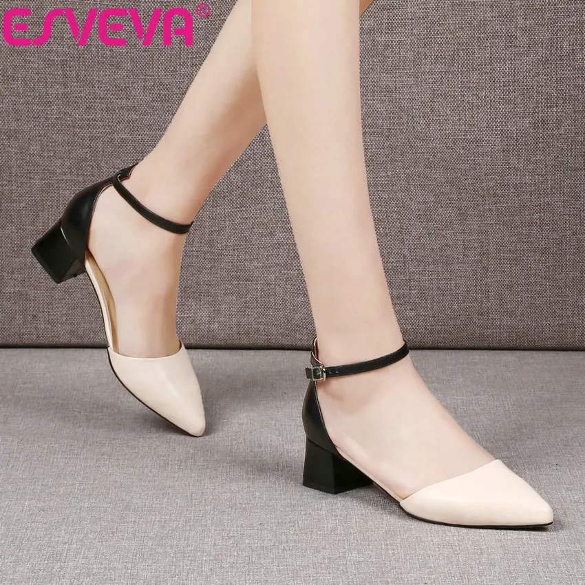 

ESVEVA 2019 Women Pumps Shallow Pointed Toe Shoes Square Med Heels Basic Sandals Buckle Mixed Color Women Shoes Pumps 34-39