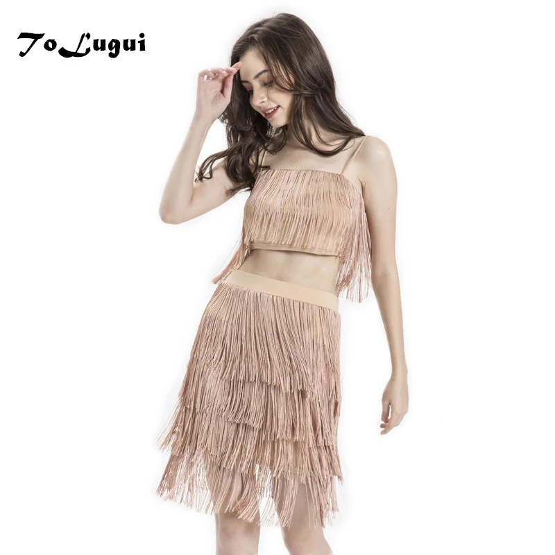 

2019 Summer Sexy 2 Pieces Crop Top and skirt Set Tassel Strapless fashion Women Elegant Mini Club party outfits