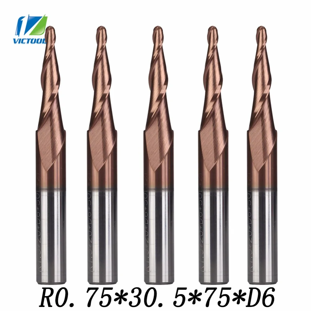 R0.75 * D6 * 30.5 * 75l * 2f 5 шт./компл. Вольфрам твердого сплава с покрытием конические сферическим конец Дробилки биты hrc62 конус и конуса конец