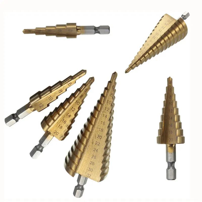 3Pcs Metric Spiral Flute Step HSS Steel 4241 Cone Titanium Coated Drill Bits Tool Set Hole Cutter 4-12/ 20/ 32mm + Pouch 3Pcs Metric Spiral Flute Step HSS Steel 4241 Cone Titanium Coated Drill Bits Tool Set Hole Cutter 4-12/ 20/ 32mm + Pouch