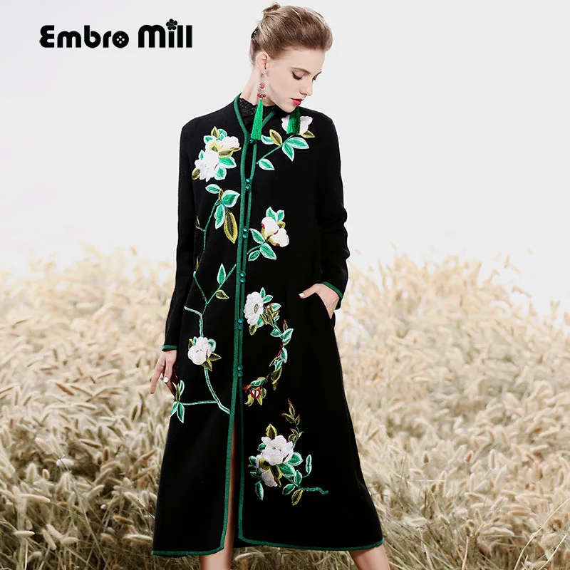 

High-end autumn winter trench coats for women vintage wool embroidery floral open stitch Mink cashmere outerwear female M-XXL