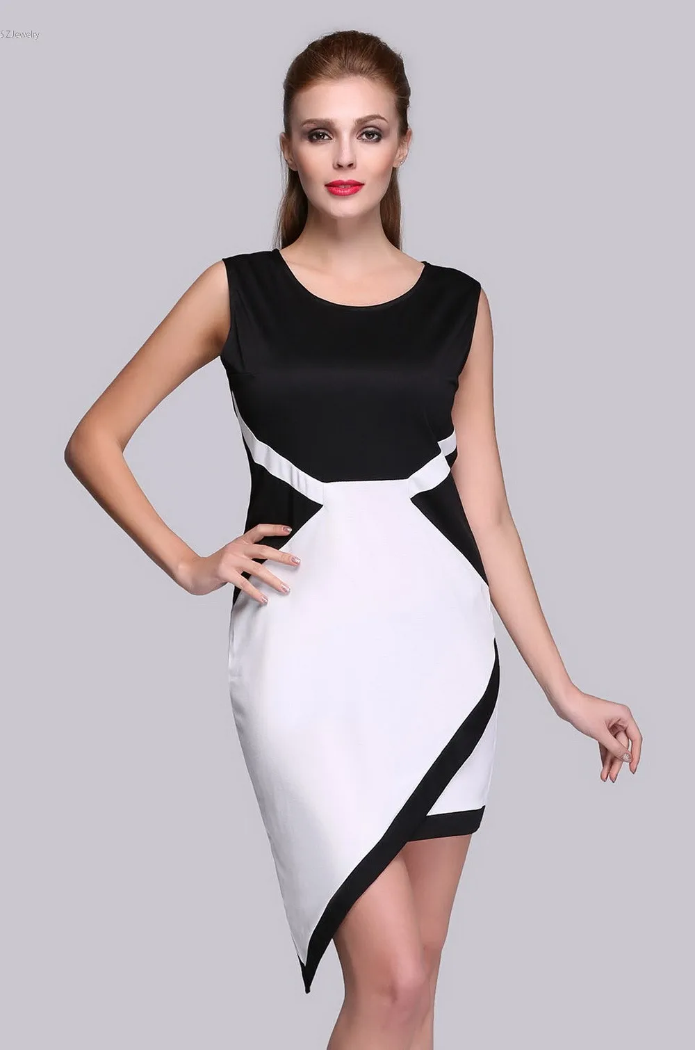Work Dress Patchwork Sexy Dresses Ladies Sleeveless Elegant Dress Asymmetrical Hem Ropa Bodycon