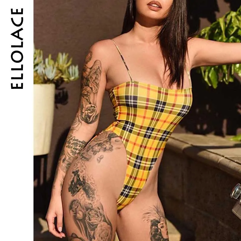 

Ellolace Yellow Plaid Plunge Bodysuit High Cut Sexy Jumpsuit 2018 Hot One-Strap Sleeveless Open Crotch Bodysuit Women