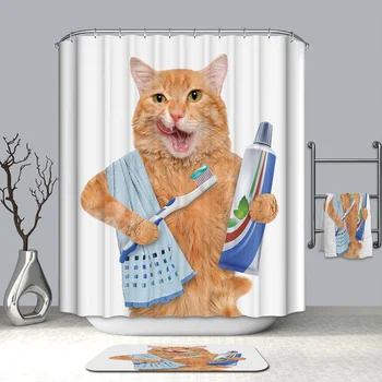 

Polyester Fabric Shower Curtain for Bathroom Cartoon Little Yellow Cat Brushing Teeth Pattern Thicken Waterproof Bath Curtain