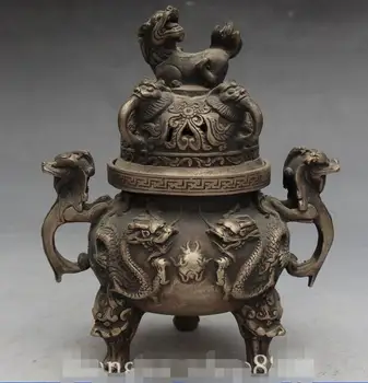 

6" Marked Chinese Bronze Auspicious Lion Dragon Incense burner censer Statue