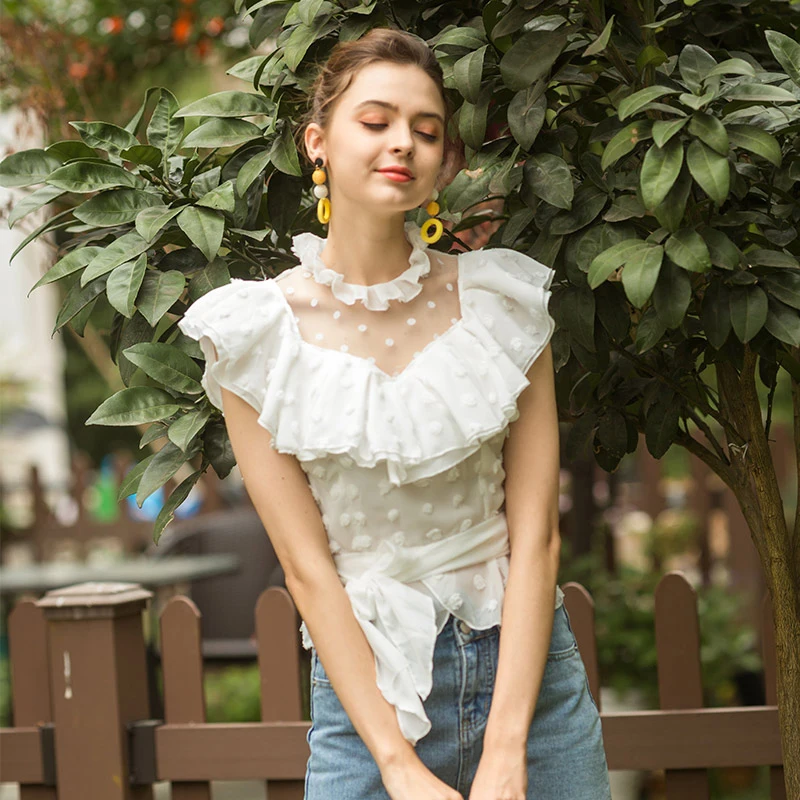 

Bella Philosophy 2019 women V-neck short fashion ruffle shirt casual sleeveless ladies blusas lace-neck female blouse