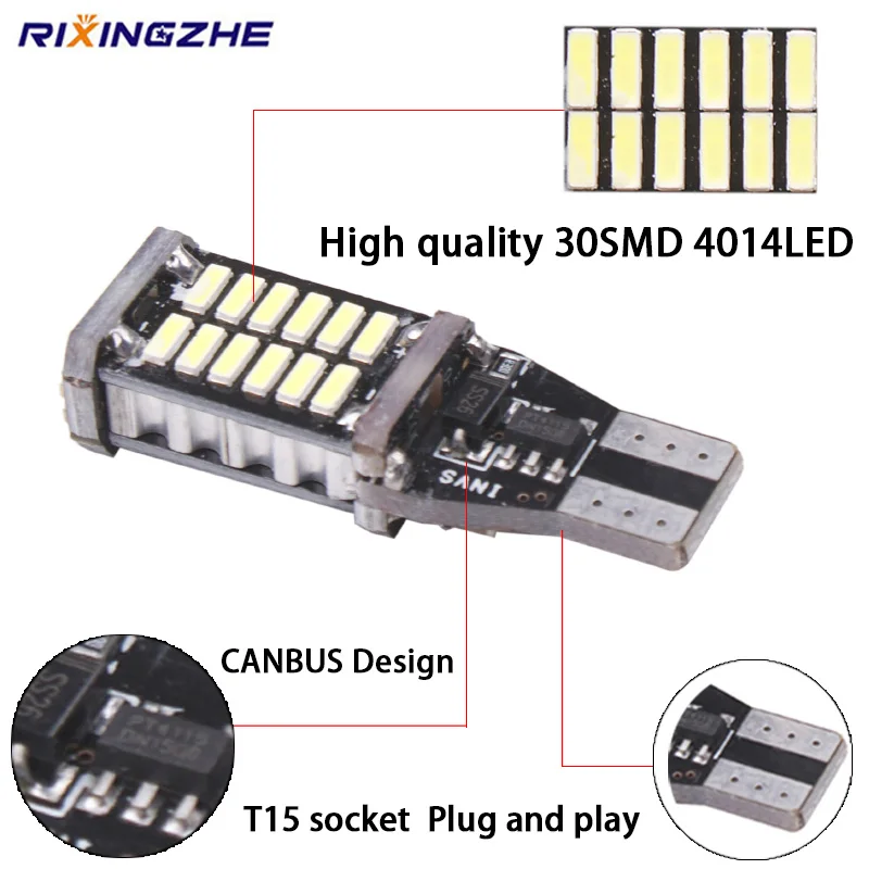 Светодиодсветодиодный лампы заднего хода RXZ T15 W16W 2 шт. 920 921 912 Canbus 4014 30SMD