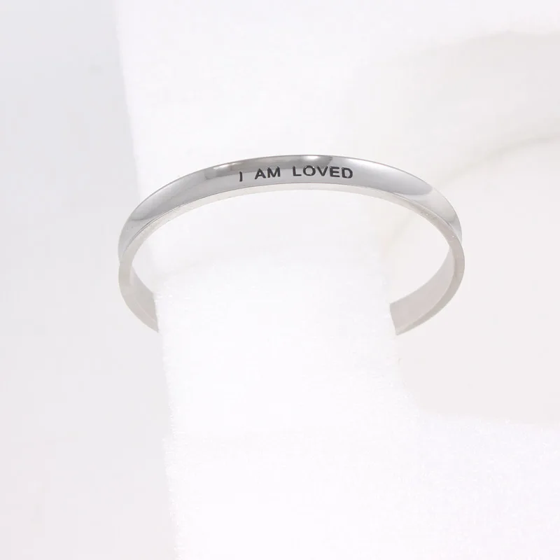 

I Am Loved 7mm Stainless Steel Bangle Engraved Positive Inspirational Quote Cuff Mantra Bracelets Bangles for Women Gift