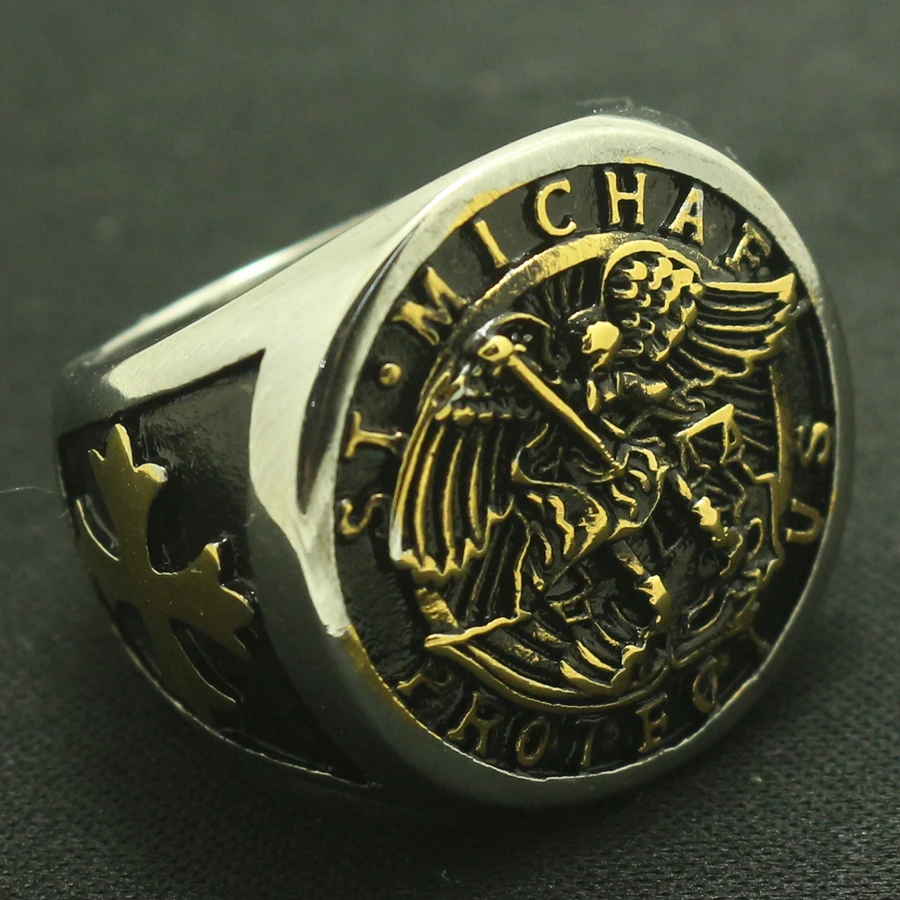 

Cool Cross 316L Stainless Steel SAINT MICHAEL PROTECT US Golden Silver Big Newest Ring