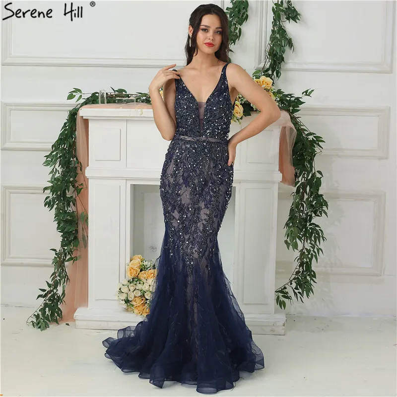 

Navy Blue Dubai Design Luxury Feather Evening Dresses 2019 Deep-V Backless Beading Evening Gowns LA6566