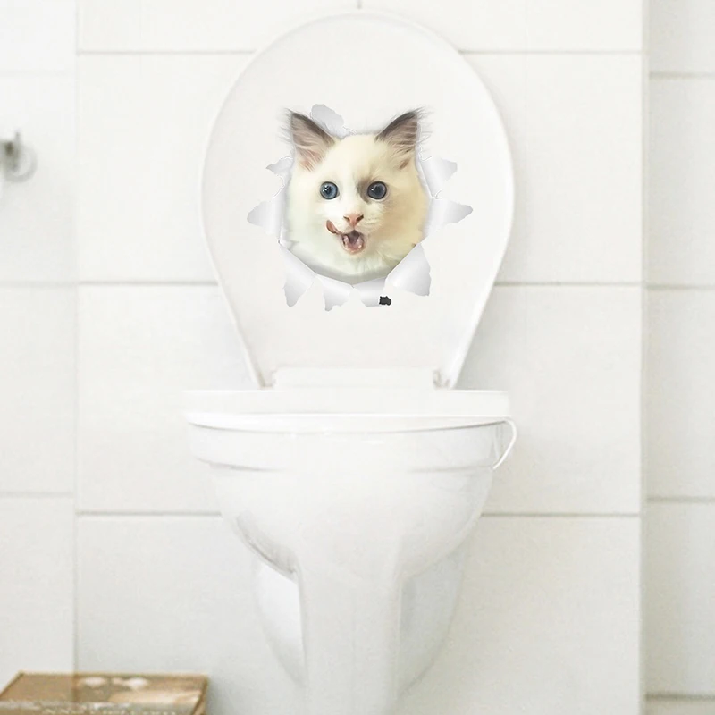 Кошка Яркие 3D разбитые настенные наклейки для ванной комнаты Туалет Kicthen декоративные наклейки забавные животные декор плакат ПВХ Фреска Искусство