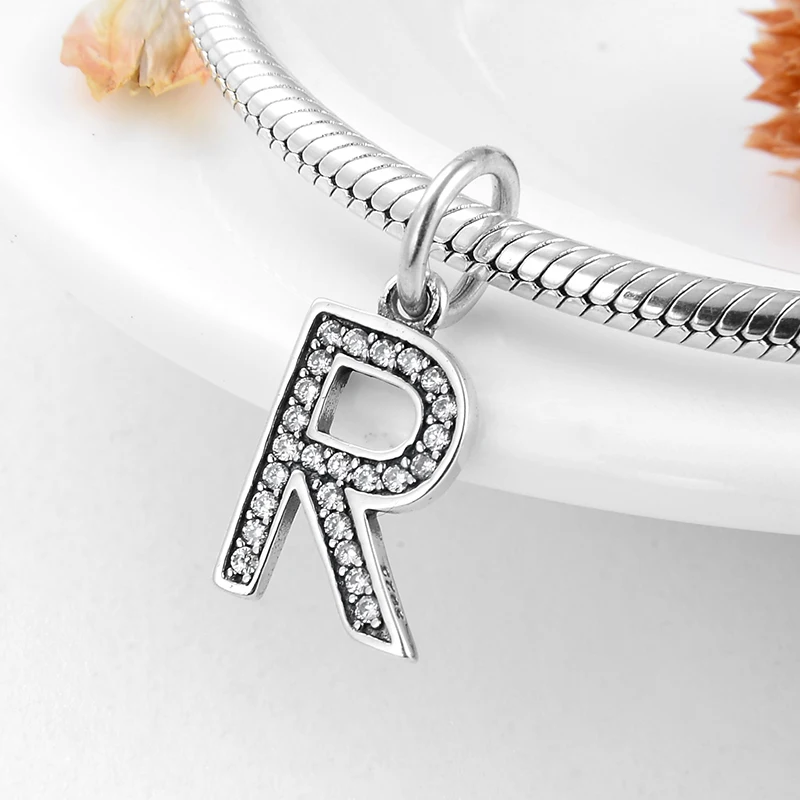 Новая мода 925 Серебряная Буква R Кристалл Женская бусина-Шарм для оригинальной Пандоры браслет ожерелье ювелирные изделия