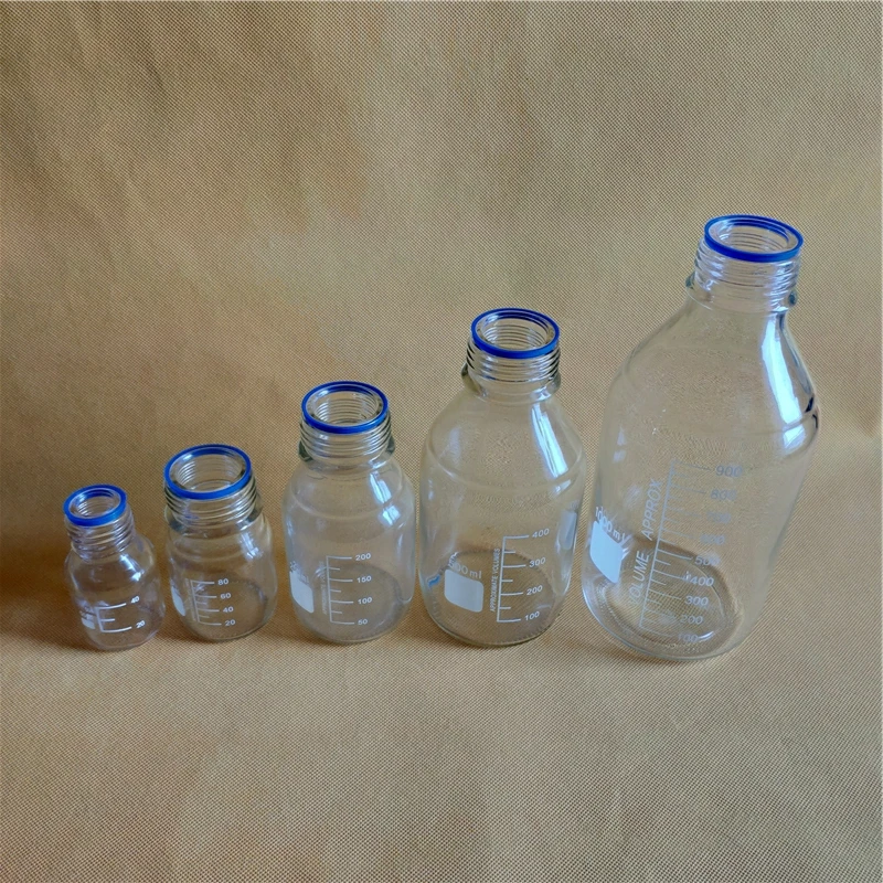 100 мл бутылка реагента, Градуированные бутылки хранения с GL45 синий винт-колпачок, прозрачная стеклянная бутылка