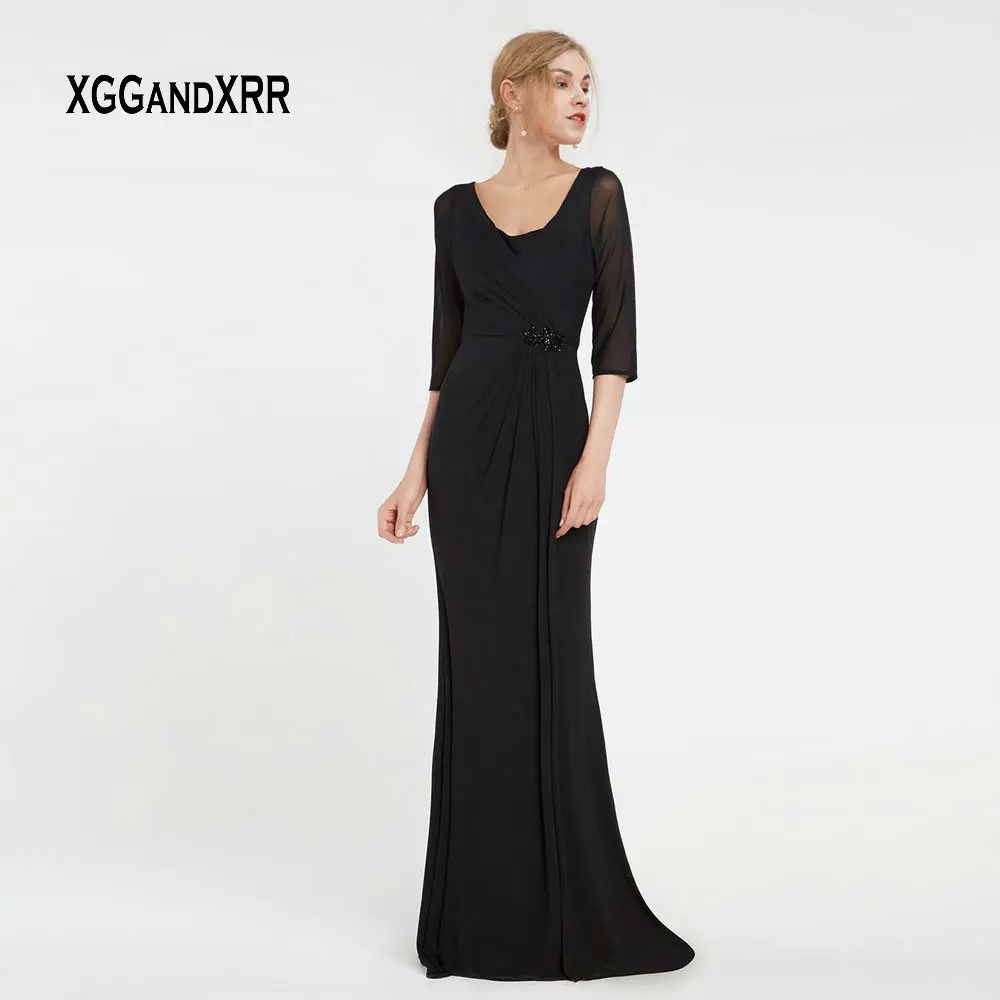 Элегантное, с рукавом до локтя, длинное черное Тюлевое платье для матери невесты,, чашечки, рукава с бусинами Плиссированное вечернее платье, торжественное вечернее платье - Цвет: Черный