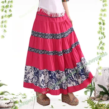 

2019 Spring and Summer National Pastoral Cotton and Linen Pattern Stitching Pleated Long Female a-line skirt Maxi Skirts Womens