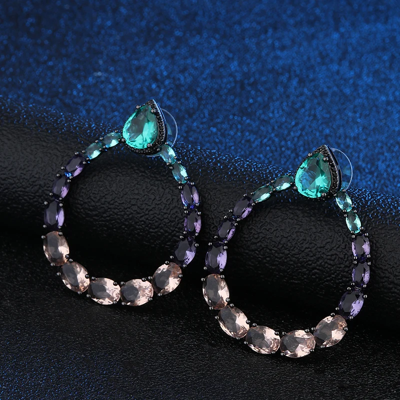 Goedkoop 2019 Nieuwe Trendy Koper Kleurrijke AAA Zirconia Ronde Geometrische Trendy Dangle Oorbellen Vrouwen Oorbellen Gratis Drop Verzending