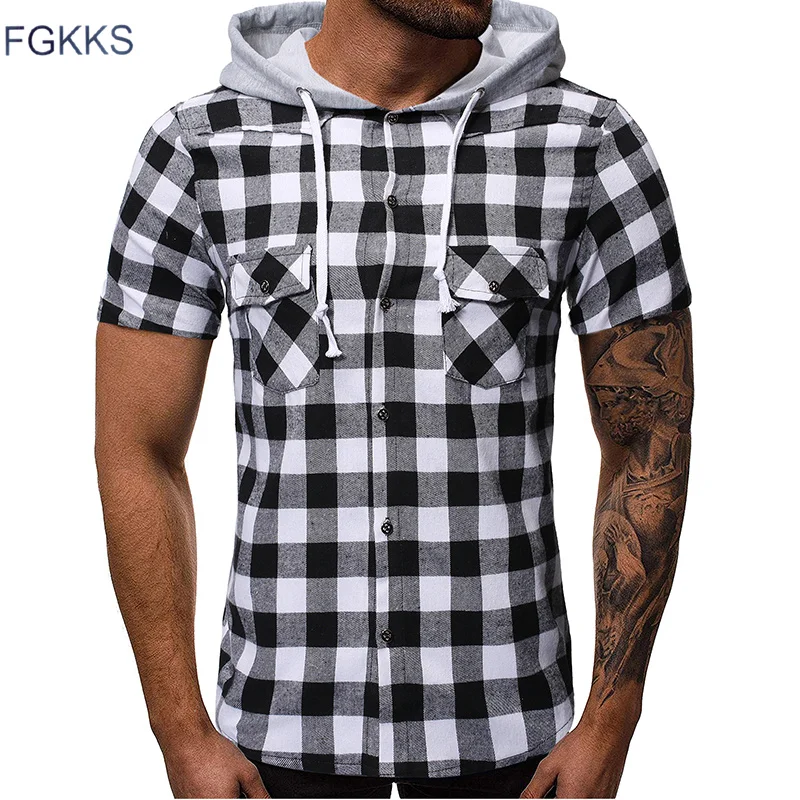 

FGKKS New 2019 Men Shirt Hot Sale Quality Plaid Shirts Hooded Outwear Short sleeve Casual Male Chemise Homme