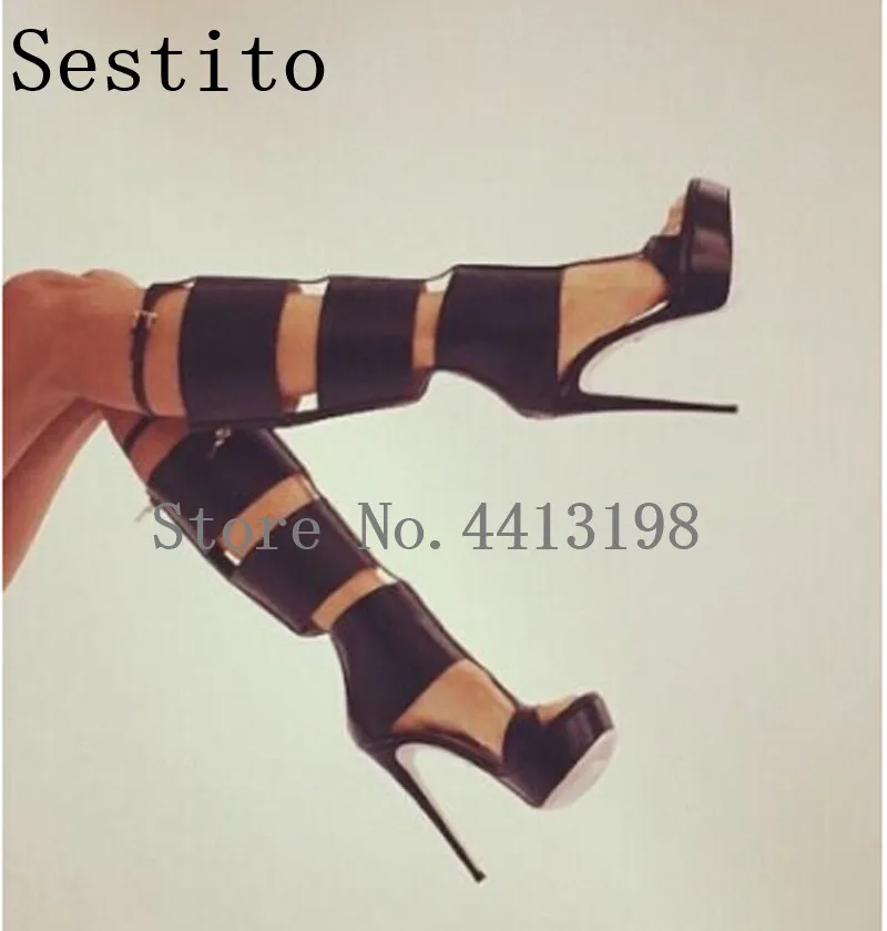 

Women Sexy New Fashion Open Toe Straps Style High Platform Openwork Gladiator Boots Black Patent Leather Long Sandal Boots