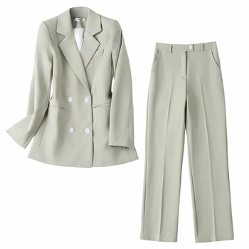 

Casual Double breasted women suits 2019 autumn chic korean long sleeve blazer pants two piece set green black fashion