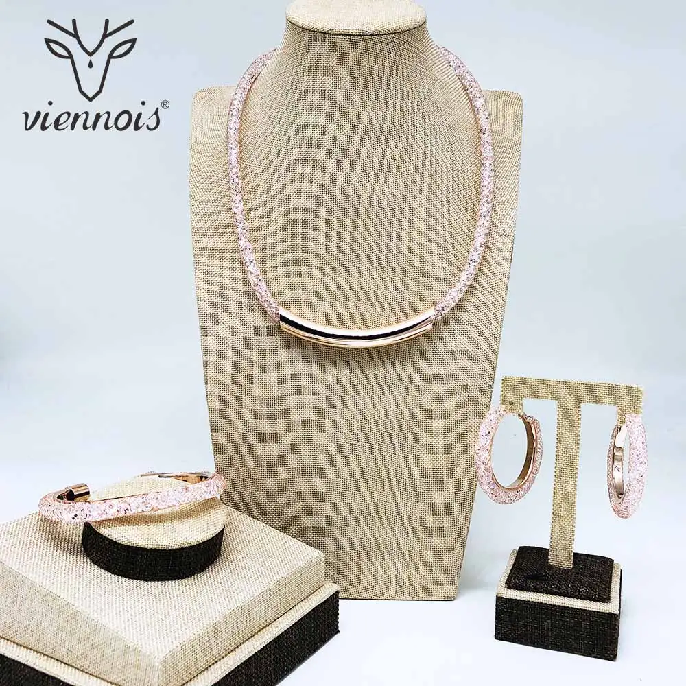 Viennois Новый розовый золотой обруч круглые серьги браслет колье ожерелье набор для