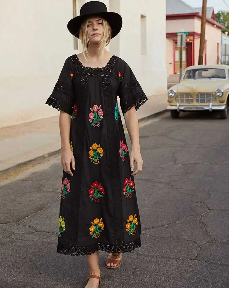 Vintge boho платье шикарное свободное цветочное кружевное платье с вышивкой с квадратным вырезом шикарное летнее платье женское Цыганский богемный vestidos