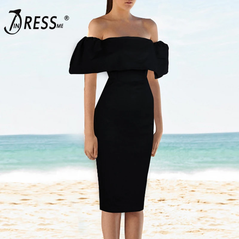 

INDRESS Elegant Summer Bandage Dress Off The Shoulder Slash Neck Knee Length Party Bodycon Sexy Dress 2019 New Women Vestidos