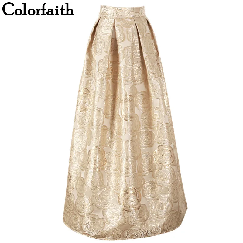 

2017 New Women Elegant Maxi Skirt Pleated Vintage Floral Printed Flared Ball Gown Long Skirt Bling Golden Luxury For Women SP008