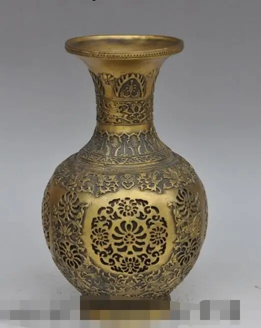 

S6681 10"China dynasty palace bronze copper flower Zun Cup Bottle Pot Vase Jar Statue D0318