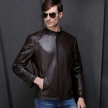 Новое поступление, европейская Мужская Осенняя зимняя модная Натуральная кожа, овчина, Мужская Мото куртка, стоячий воротник, коричневого цвета, размера плюс XXL