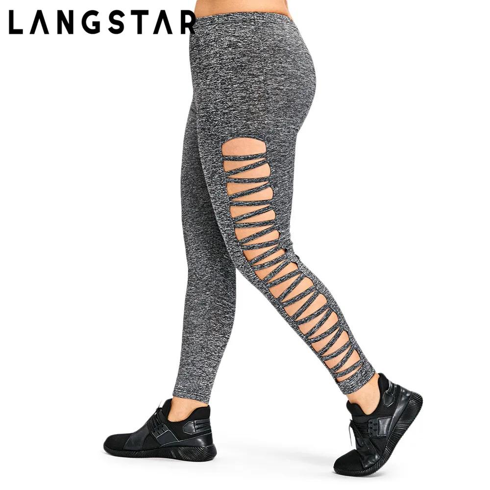 LANGSTAR Plus Size Women Leggings Side Ladder Cut Out Leggings Pants