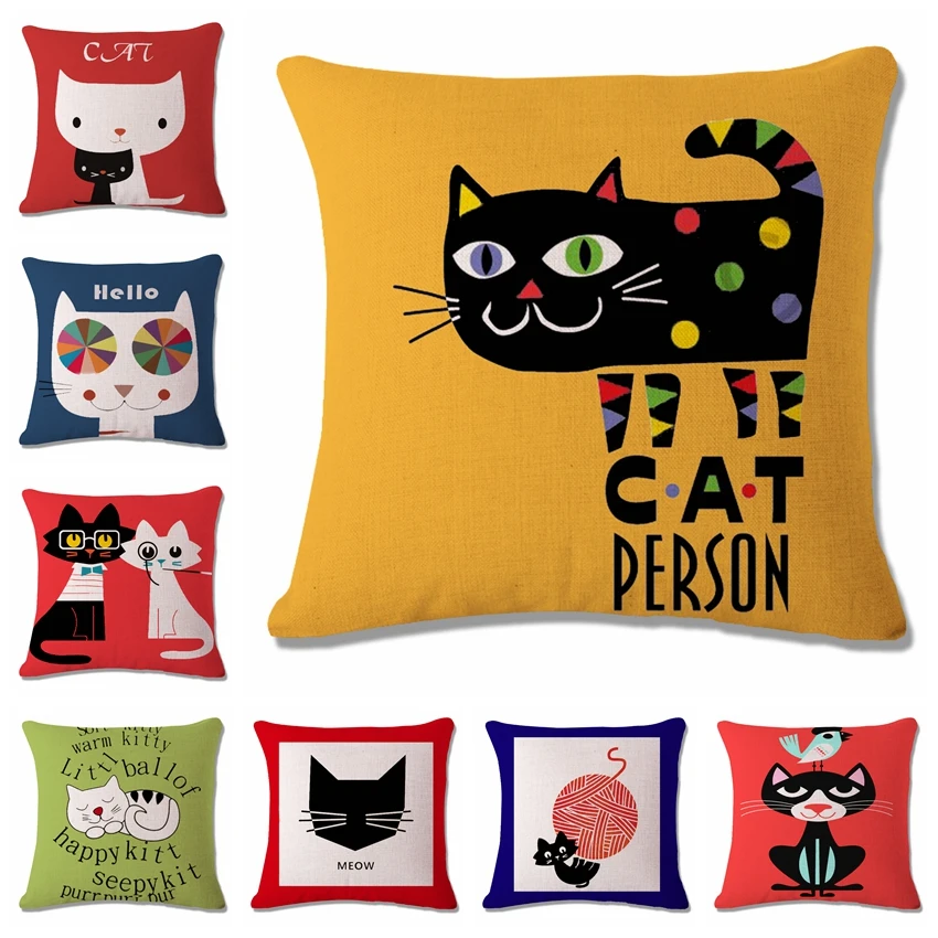

Cat Peson Cushion Cover Woven Linen Family Affection Sofa Car Seat Family Home Decorative Throw Pillow Case Housse De Coussin