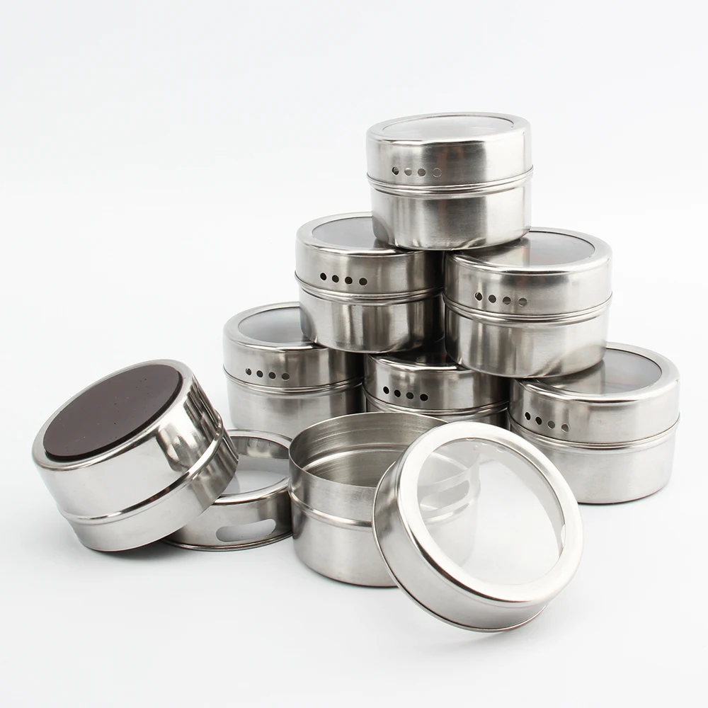 

Magnetic Spice Tins Set of 6pcs/9pcs/12pcs Stainless Steel Spice Jar With Clear Top Lid Spice Rack Organizer Container Set