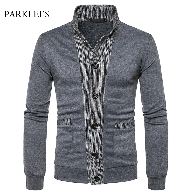 Stand Collar Cardigan Men Pull Homme 2017 Autumn Patchwork