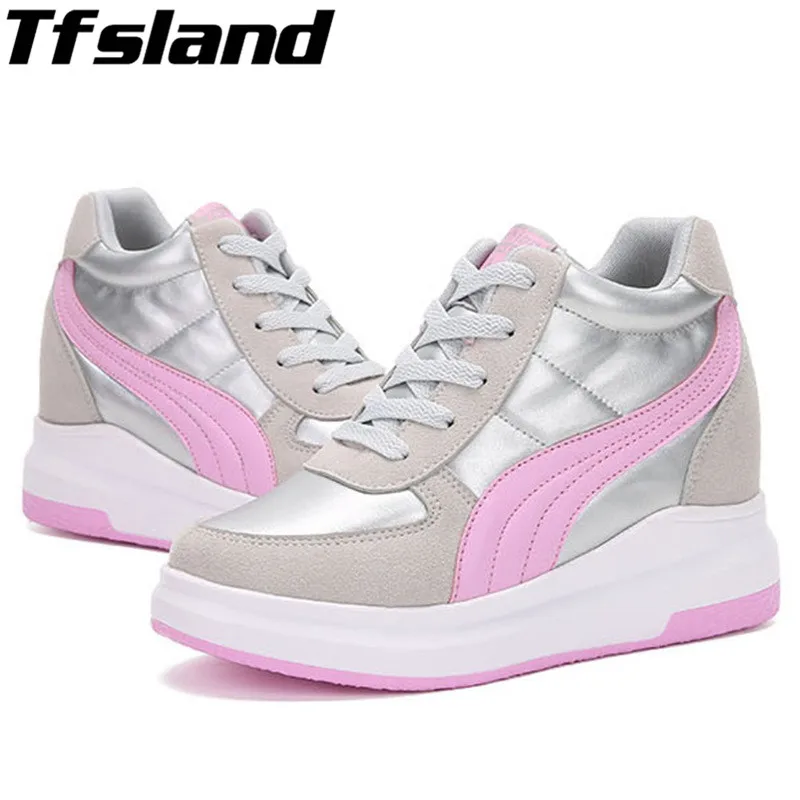 

Tfsland New Women Wedge High Heels Shoes Thick Soled High Top Shoes Female PU Leather Walking Shoes Hidden Heel Boots Sneakers