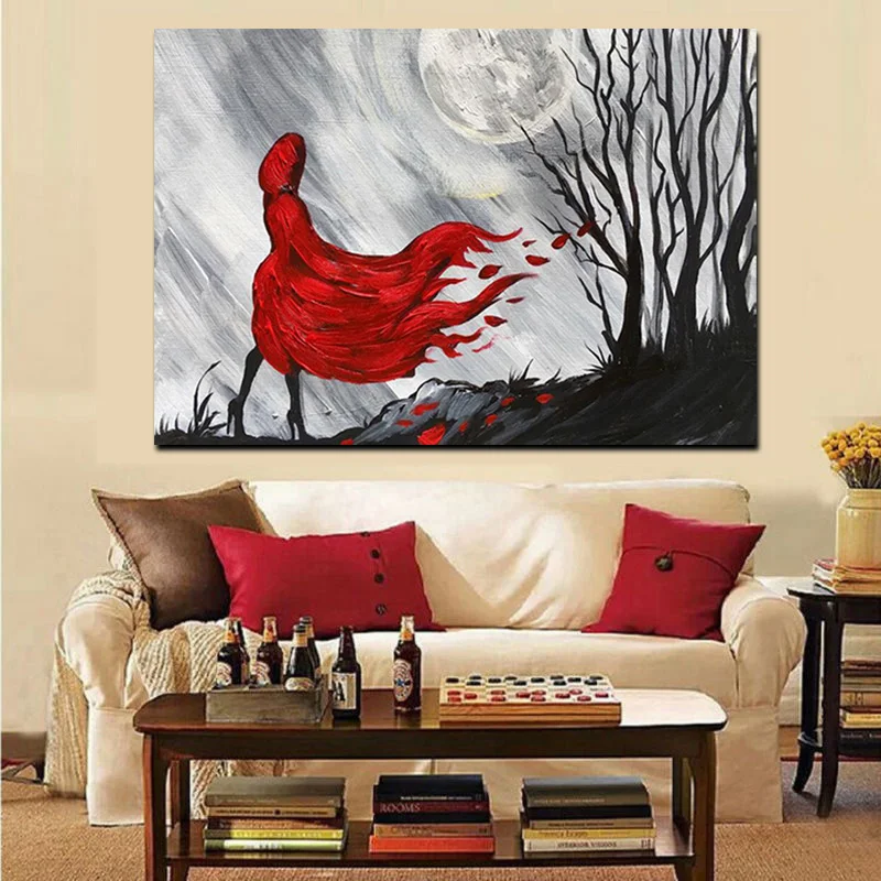 Print Abstract Figure Oil Painting Red Long Hair Girl Look up Moon on Canvas Poster Wall Art for Living Room Home Cuadros Decor