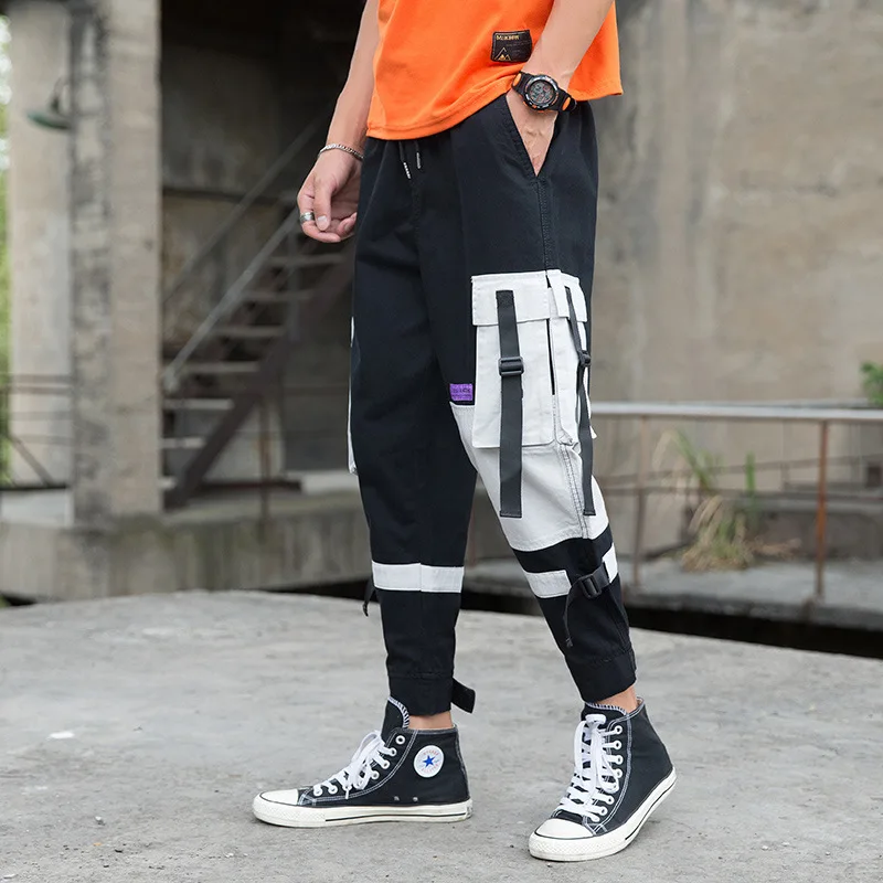 Летние повседневные мужские штаны уличная Спортивные штаны Свободные Pantalon Hombre цвет блок ленты карманы камуфляж брюки - Цвет: black