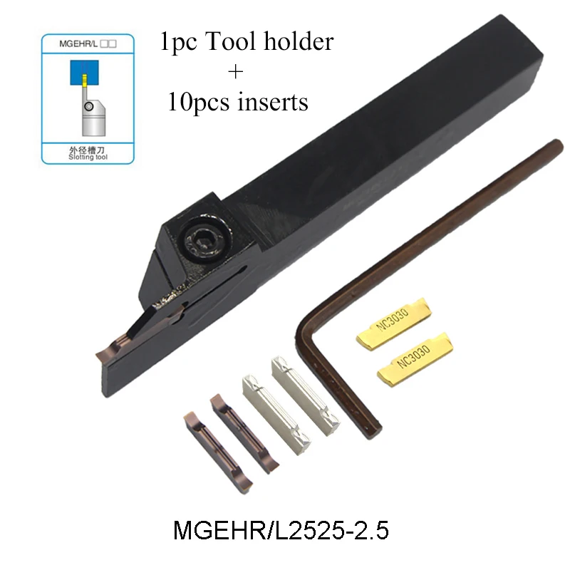 

1pc MGEHR2525-2.5 MGEHL2525-2.5 tool holder and 10pcs MGMN250 G PC9030 NC3030 H01 inserts grooving turning tool holder set