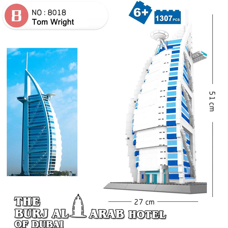 Billige Wange 8018 1307 stücke Dubai Burj Al Arab Hotel Bausteine Kreative DIY Geschenke Ziegel Spielzeug für Kinder