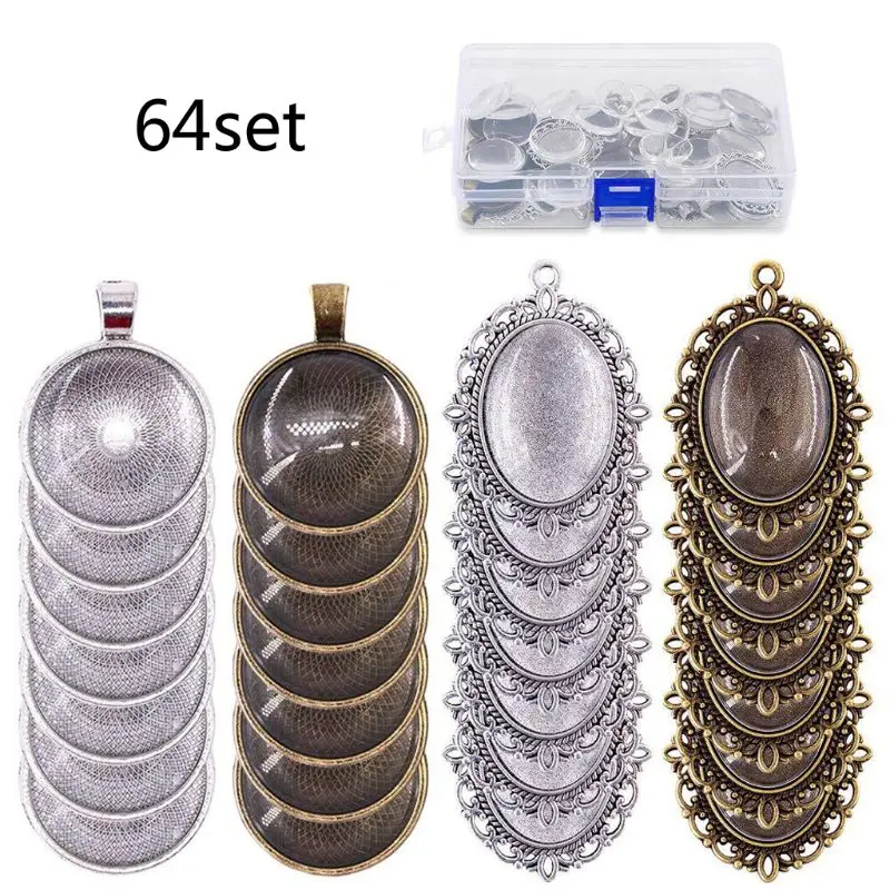 64Pc Oval Round Pendant Tray Bezel with Glass Cabochon Dome Tiles Jewelry Making | Украшения и аксессуары
