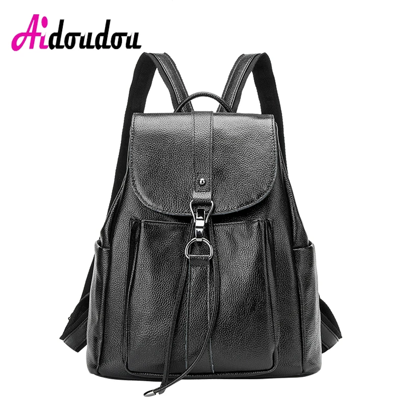 AIDOUDOU BRAND Schoolbag Backpack Lock String Hasp Backpack Bag Women Bagpack Female Solid Trapezoid Black Pu