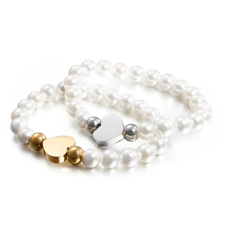 

Natural Shell Elastic Bracelet with Stainless Steel Heart Charm Bracelets for Women Handmade Jewelry