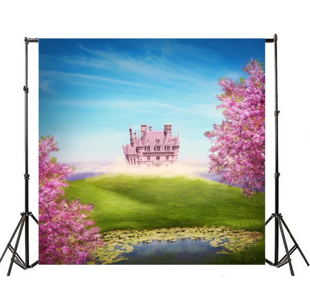 Laeacco Flowers Pond Fantasy Castle Photo Backgrounds Customized Vinyl Digital Photography Backdrops For Photo Studio