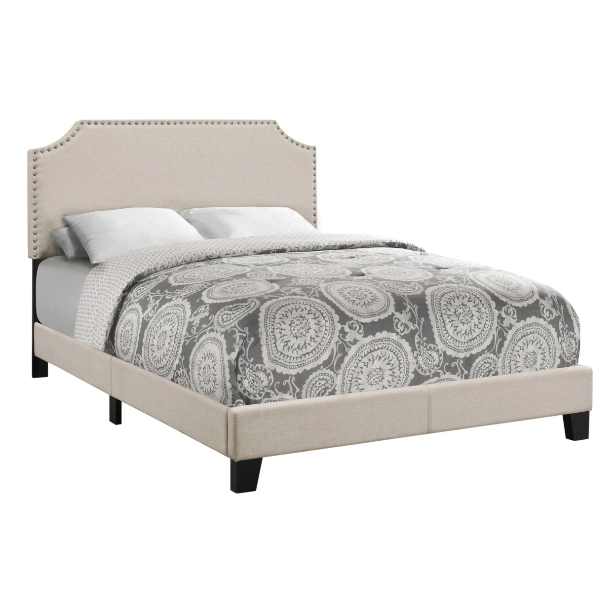 BED - FULL SIZE, BEIGE LINEN WITH ANTIQUE BRASS TRIM,  5926F