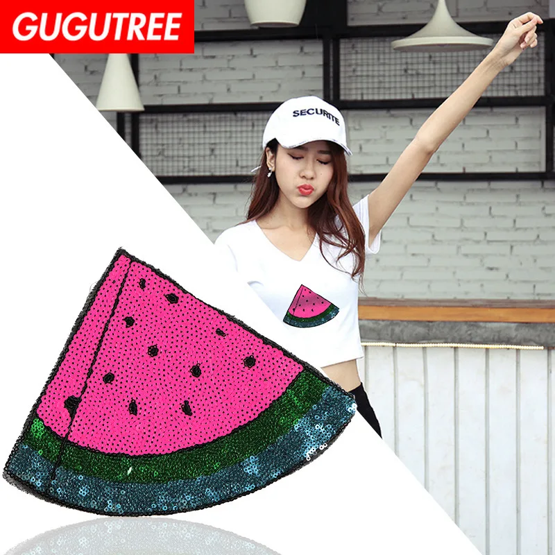 

GUGUTREE Sequins embroidery big watermelon patches fruits patches badges applique patches for clothing XC-393
