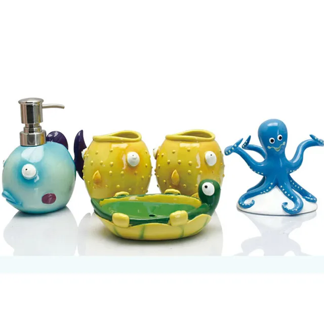 Cute Kids Resin Bathroom Accessory Sets 5pcs Set Blue Fish Soap Cute Kids Resin Bathroom Accessory Sets 5pcs Set Blue Fish Soap Dispenser Yellow Tumblers