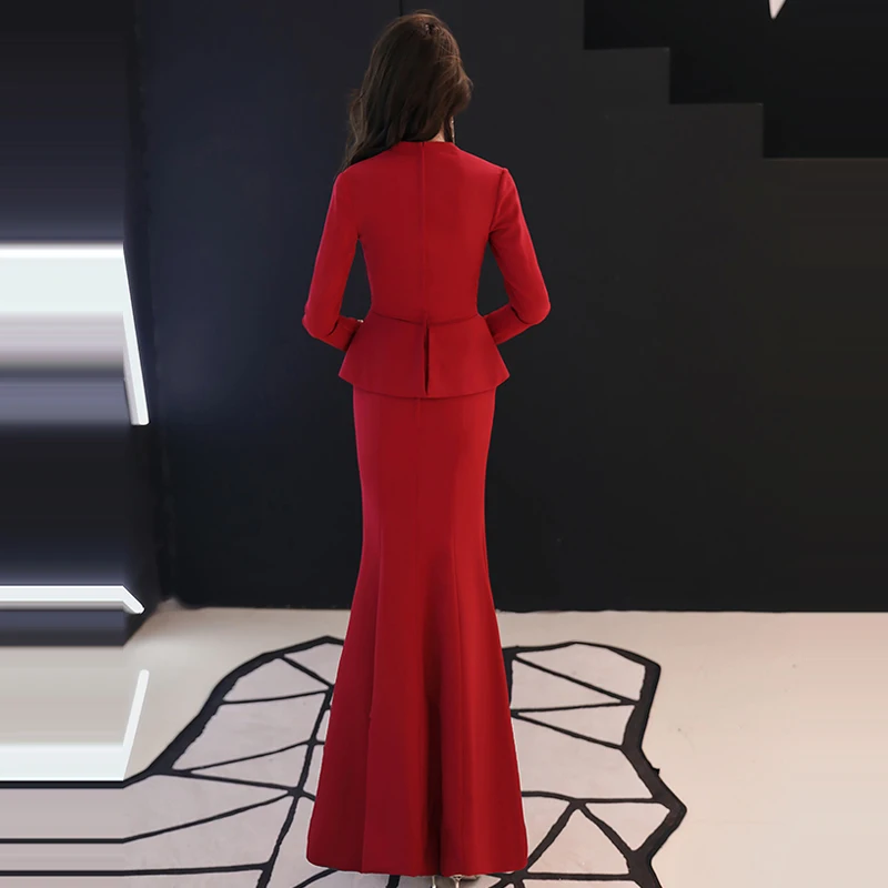 Формальное вечернее платье, красное с v-образным вырезом, с длинным рукавом, Русалка, длина в пол, мусульманское женское вечернее платье размера плюс, халат De Soiree E447