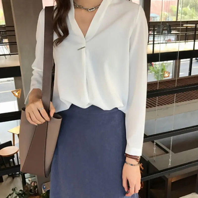 office Lady Chiffon Blouse Shirt Summer Blouse Tops Long Sleeve V Neck Female Blouse 2