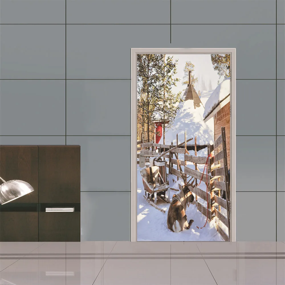 Снежный бревенчатый домик Рождественская тематическая наклейка на дверь для маленьких девочек наклейки на дверь комнаты декор обои