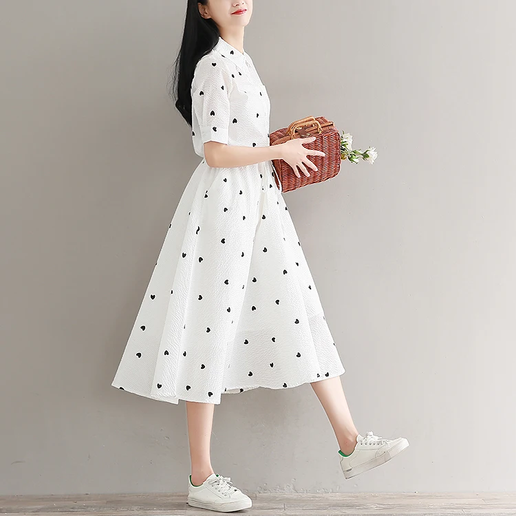 Женское длинное платье на лето,женственное платье в мелкие сердечки,нежное элегантное платье японского стиля"Mori Girl",с коротким рукавом и карманами,белого цвета